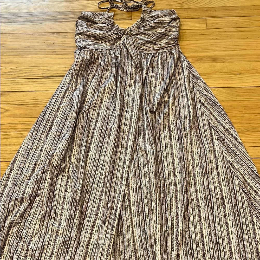 Striped Brown Maxi Halter Dress with Sexy Tie Back, XL